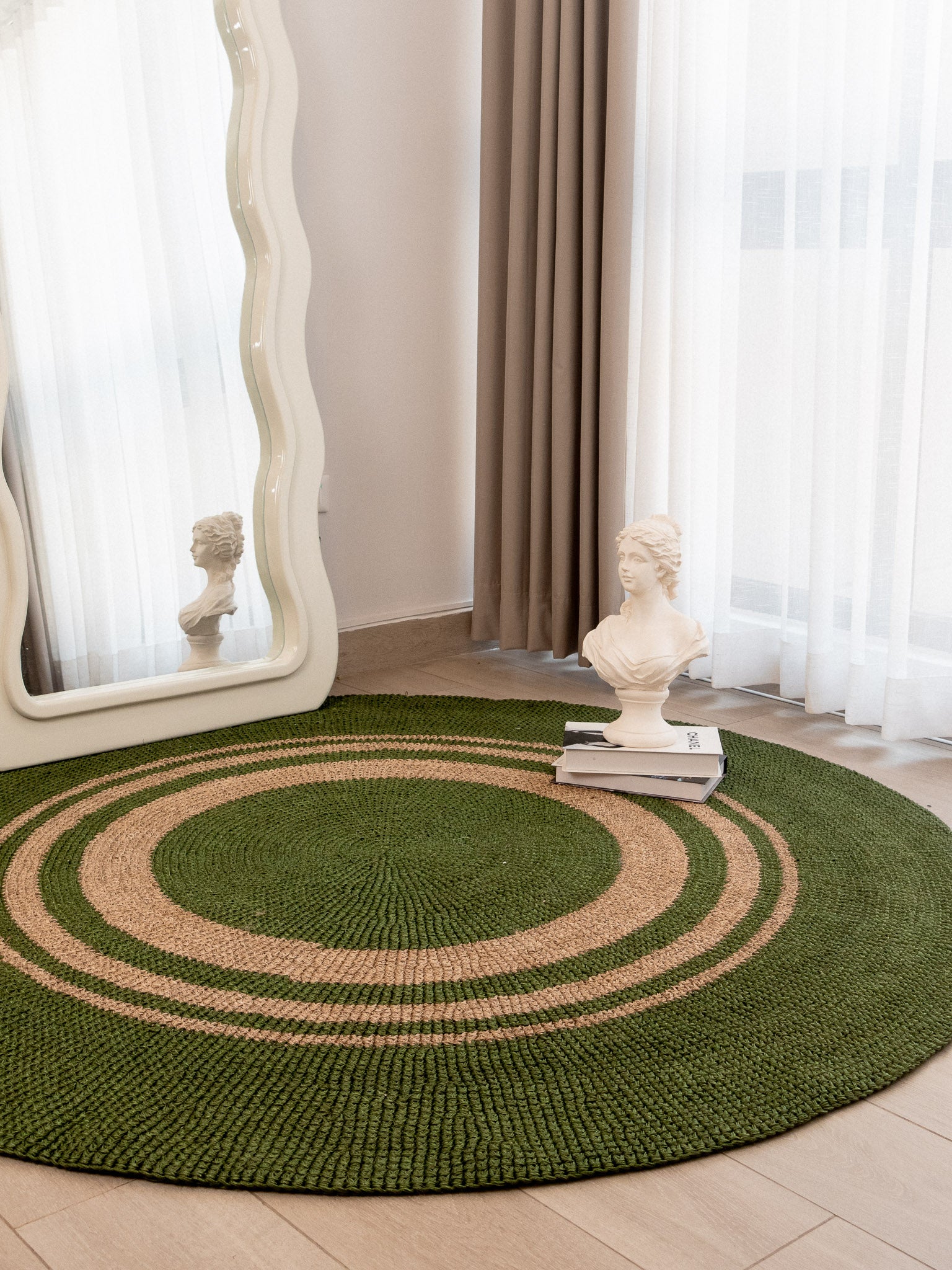 Handwoven Green Round Rug with Rings