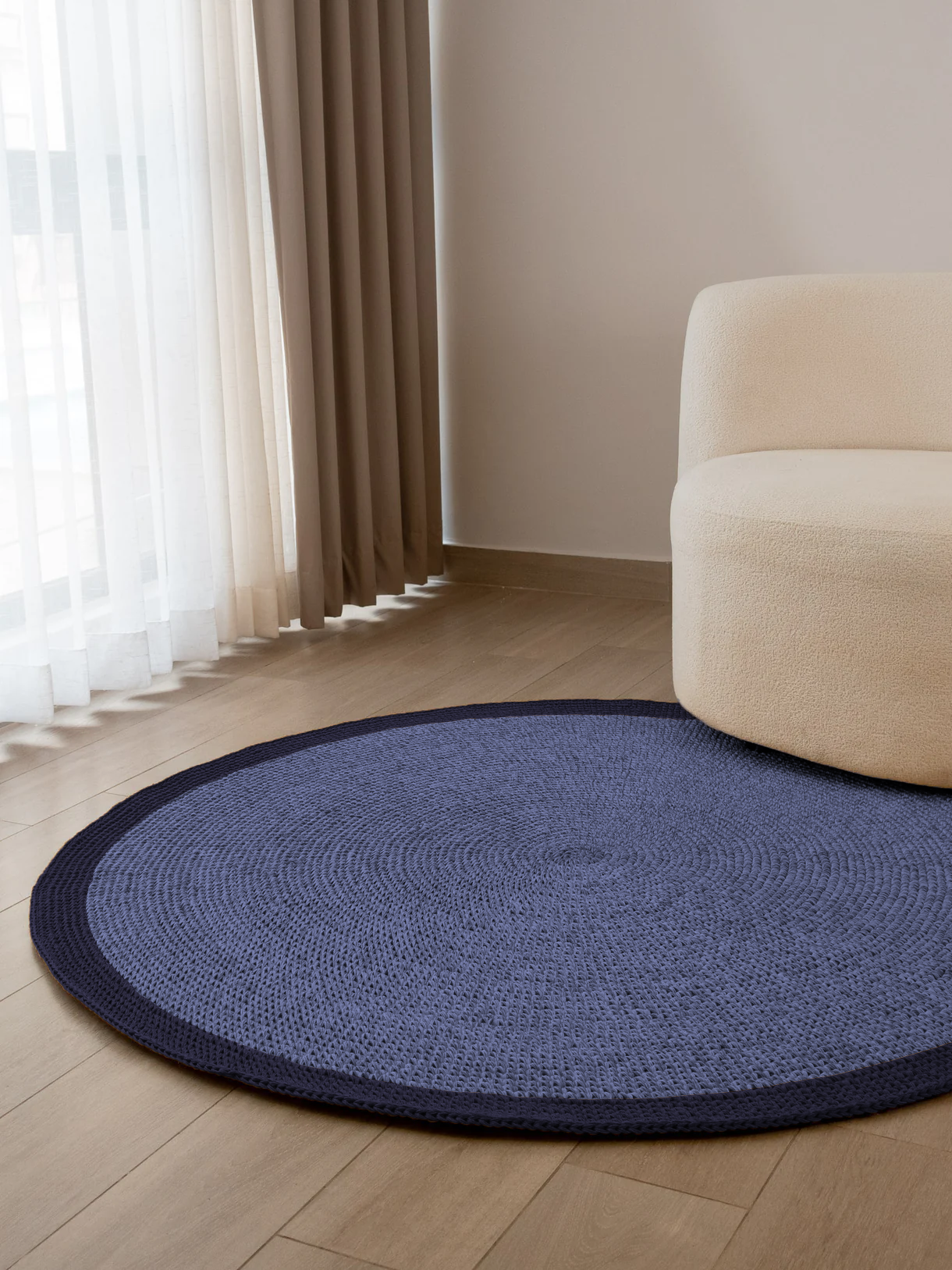 Handwoven Blue Round Rug with Border