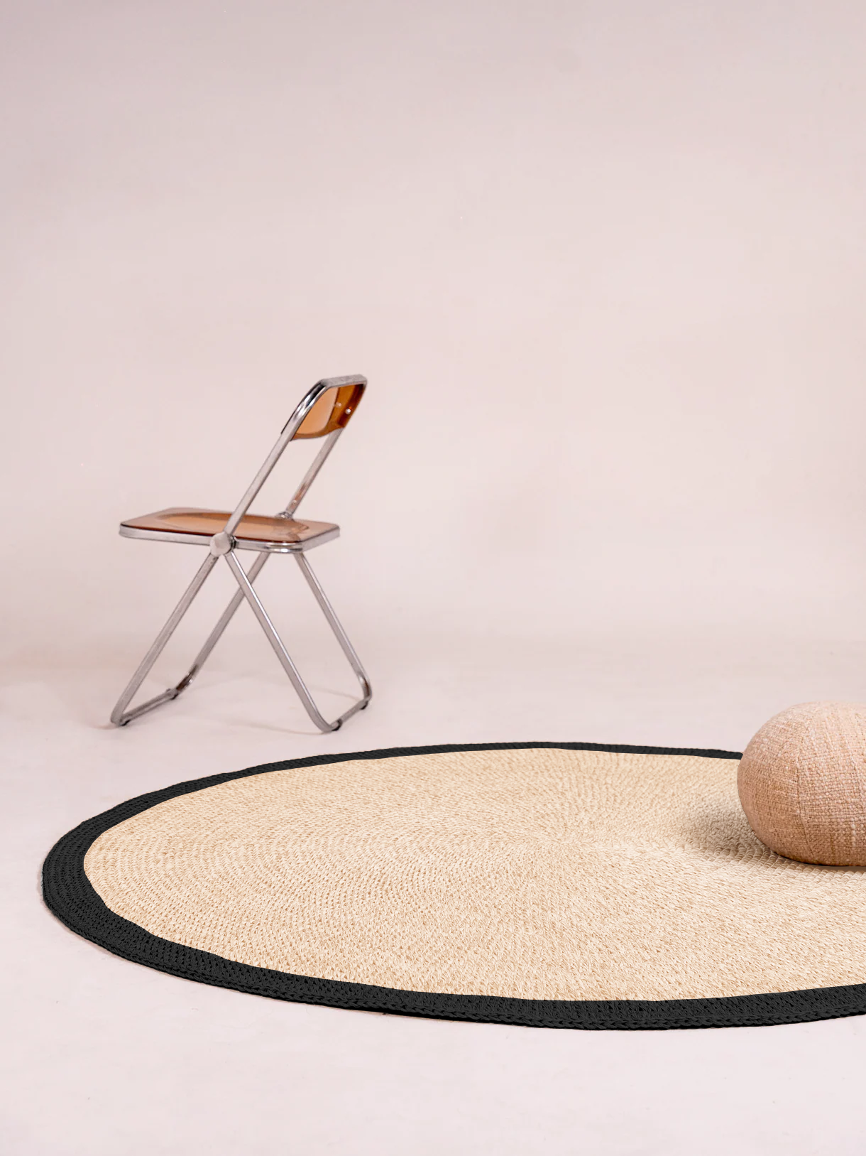 Handwoven Black and White Round Rug with Border