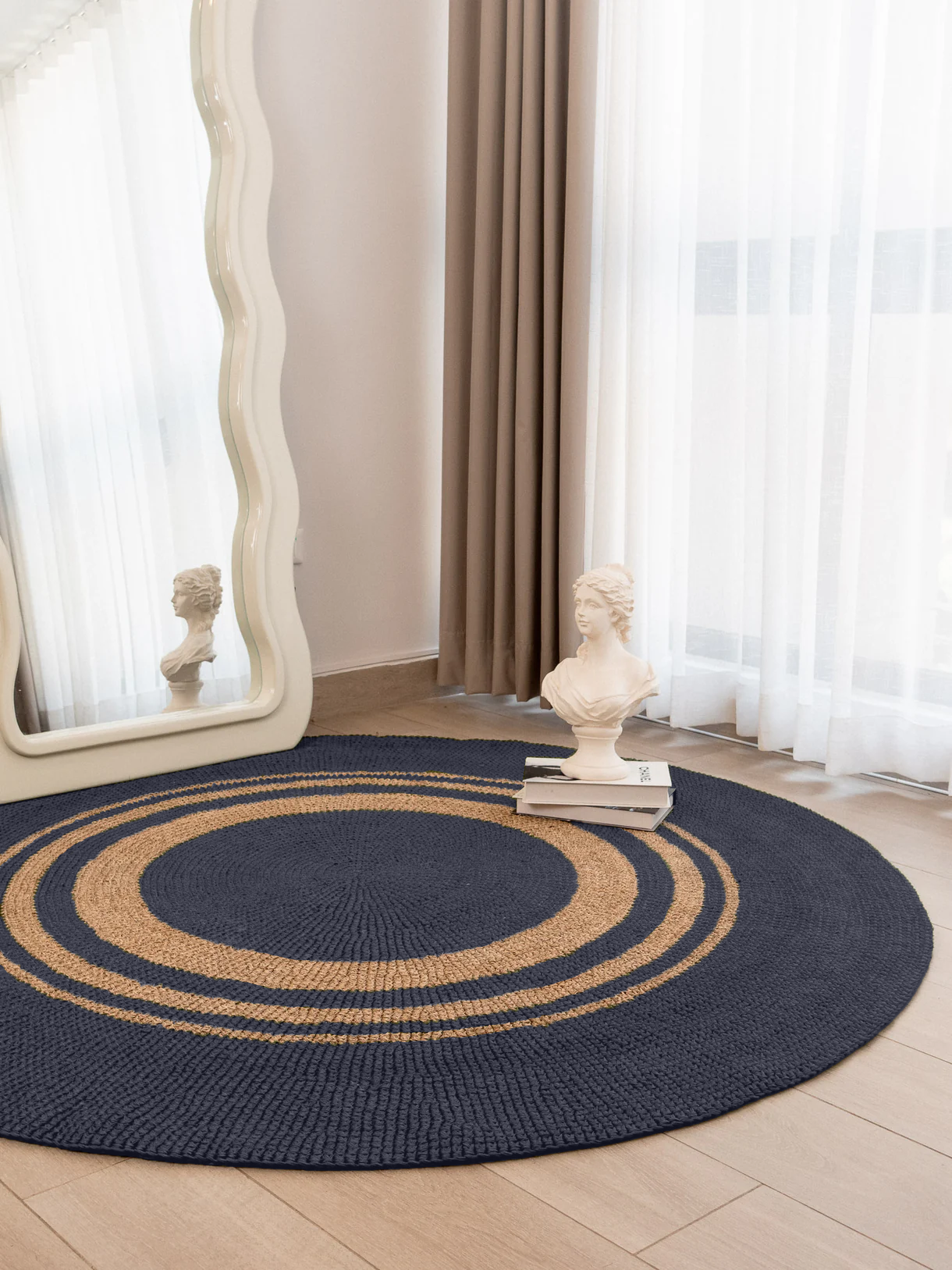 Handwoven Blue Round Rug with Rings