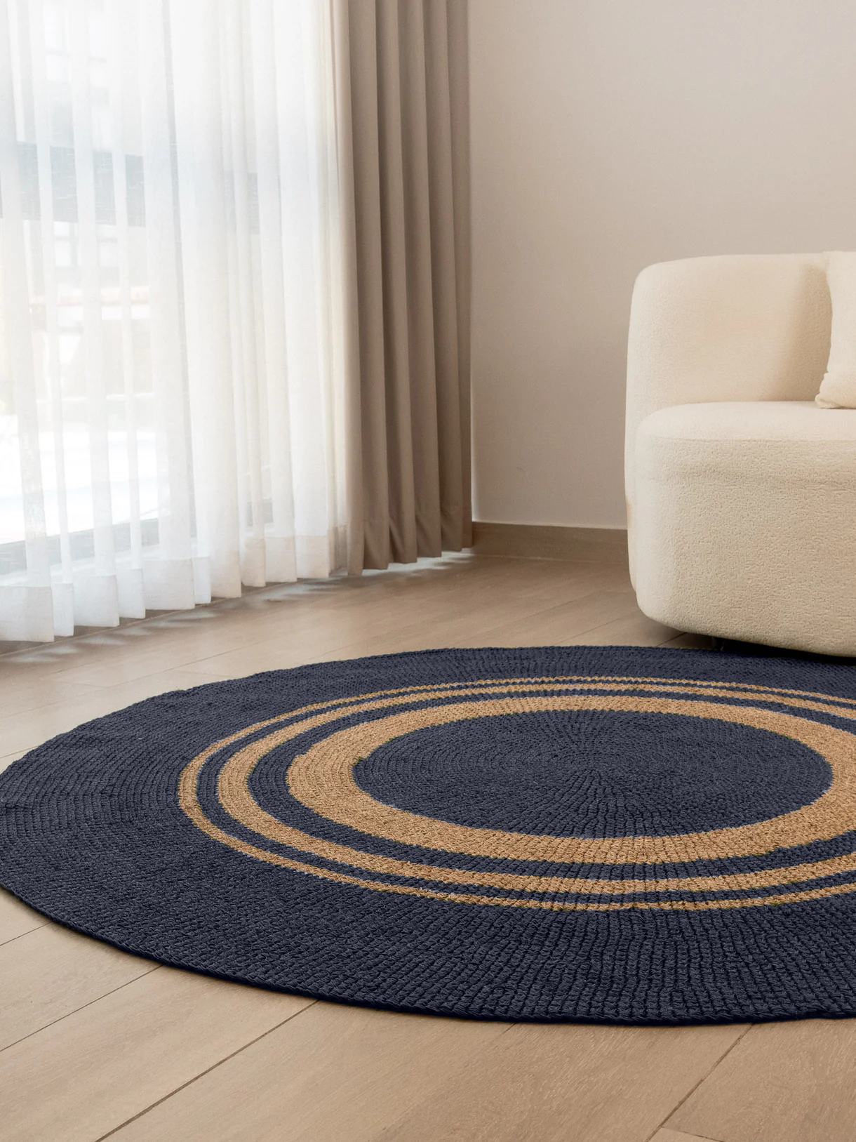 Handwoven Blue Round Rug with Rings