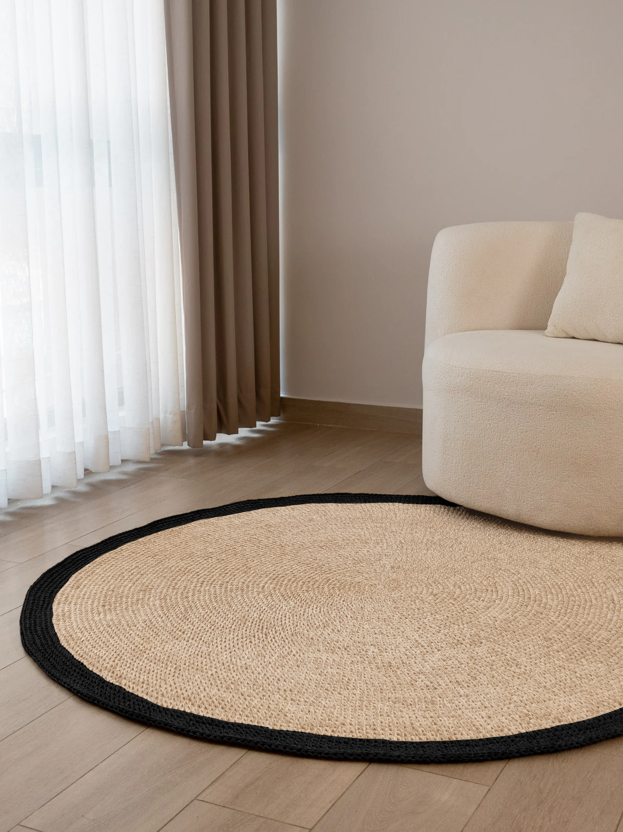 Handwoven Black and White Round Rug with Border
