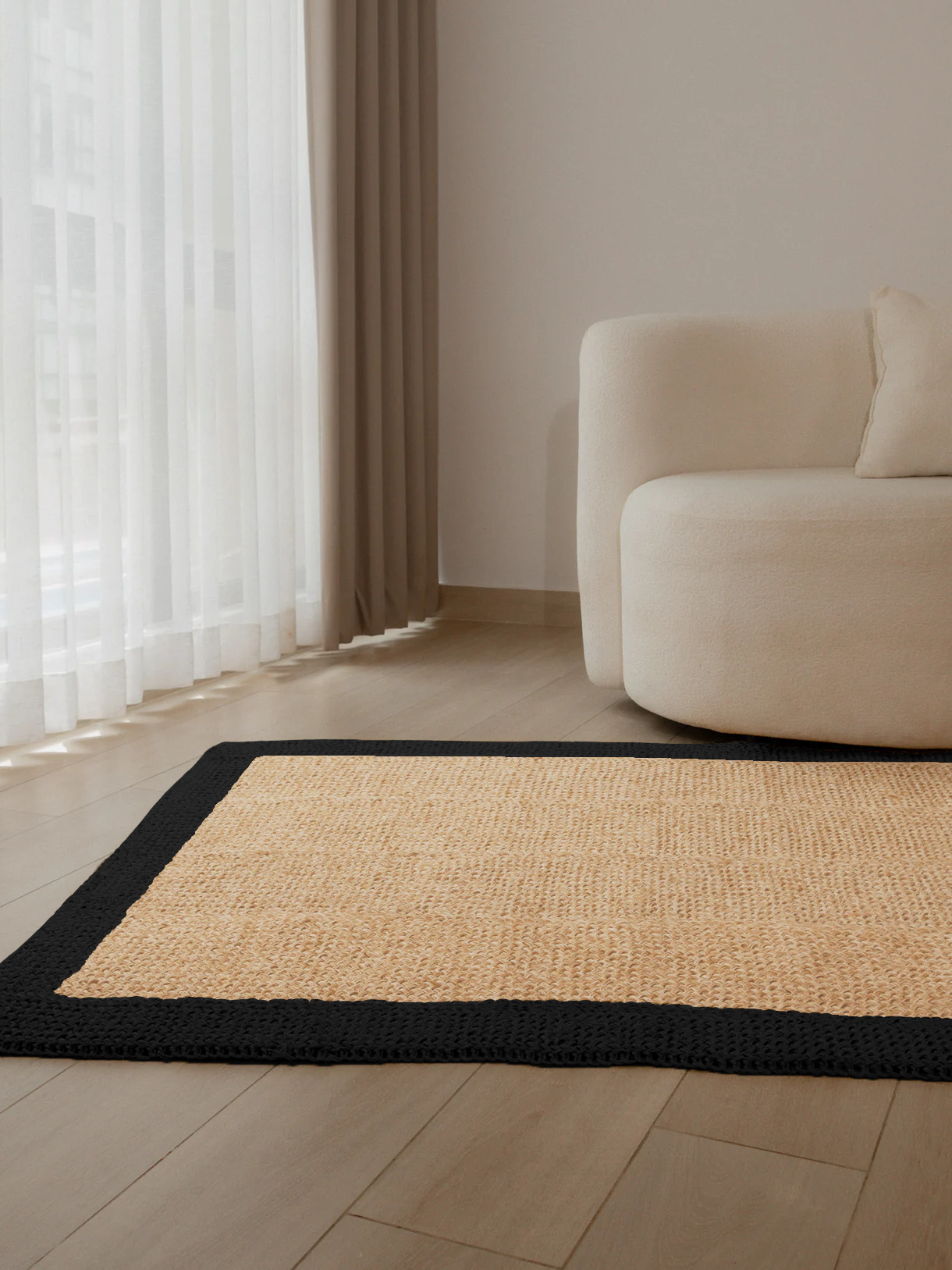 Handwoven Black and White Rug with Border